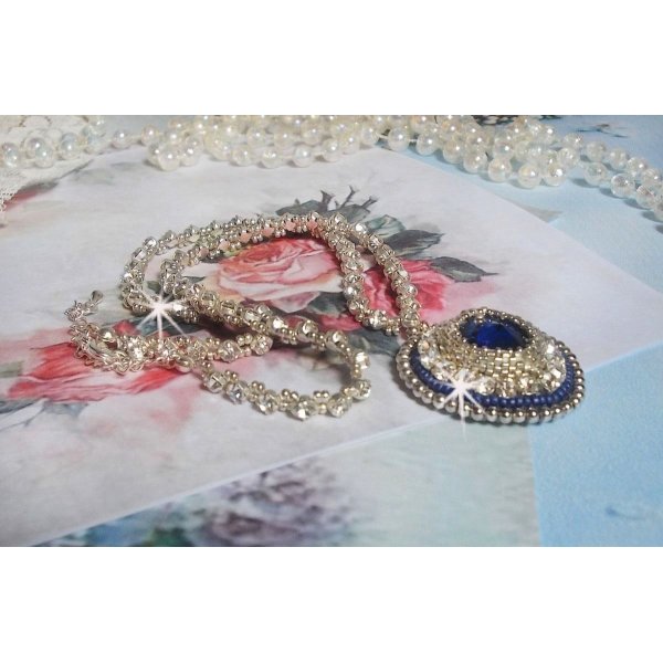 Blue Sapphire necklace embroidered with Swarovski crystal heart, Miyuki silver seed beads, bezels, 925/1000 silver clasp and extension chain