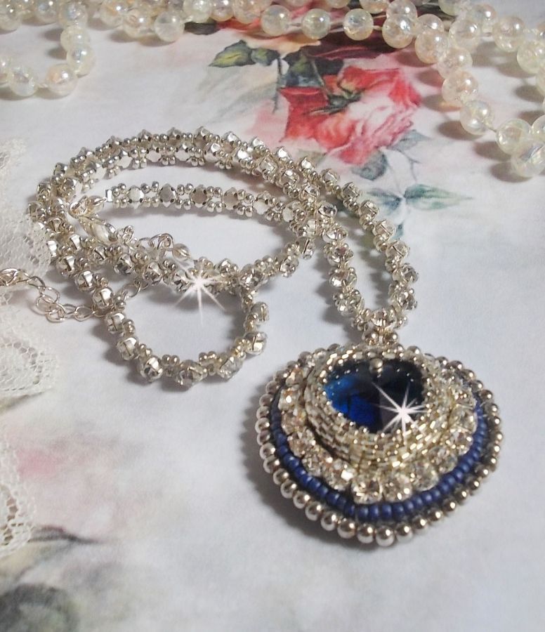 Blue Sapphire necklace embroidered with Swarovski crystal heart, Miyuki silver seed beads, bezels, 925/1000 silver clasp and extension chain