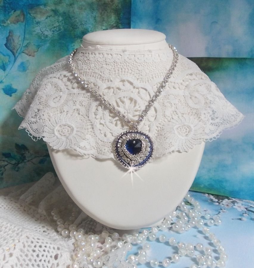 Blue Sapphire necklace embroidered with Swarovski crystal heart, Miyuki silver seed beads, bezels, 925/1000 silver clasp and extension chain