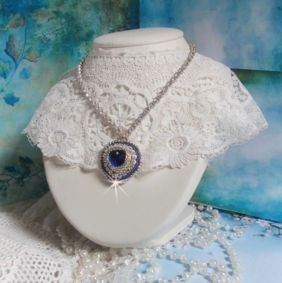 Blue Sapphire necklace embroidered with Swarovski crystal heart, Miyuki silver seed beads, bezels, 925/1000 silver clasp and extension chain