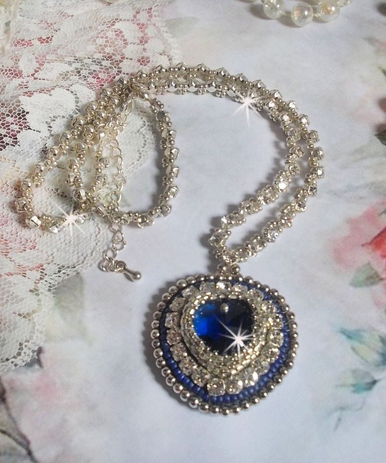 Blue Sapphire necklace embroidered with Swarovski crystal heart, Miyuki silver seed beads, bezels, 925/1000 silver clasp and extension chain