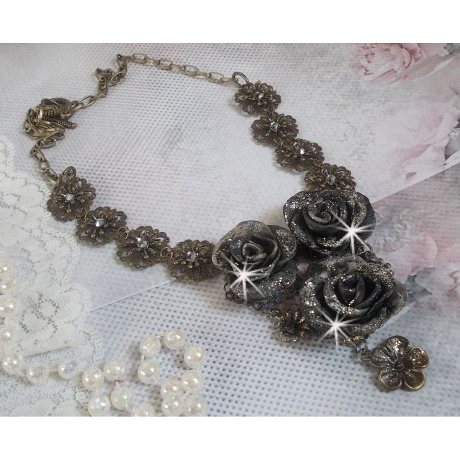 Steampunk Queen necklace created with black and brown porcelain roses, crystal cabochons and bronze accessories