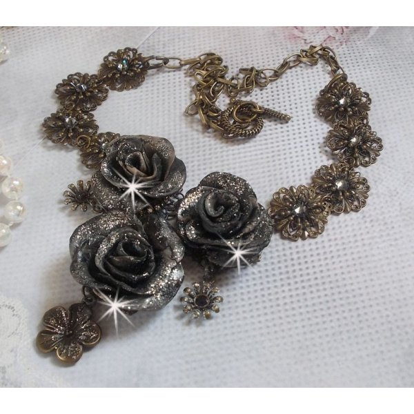 Steampunk Queen necklace created with black and brown porcelain roses, crystal cabochons and bronze accessories