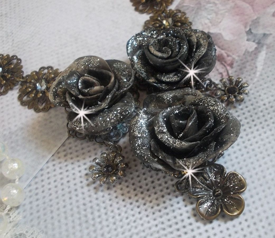 Steampunk Queen necklace created with black and brown porcelain roses, crystal cabochons and bronze accessories