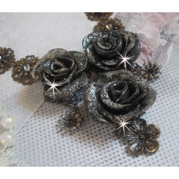 Steampunk Queen necklace created with black and brown porcelain roses, crystal cabochons and bronze accessories