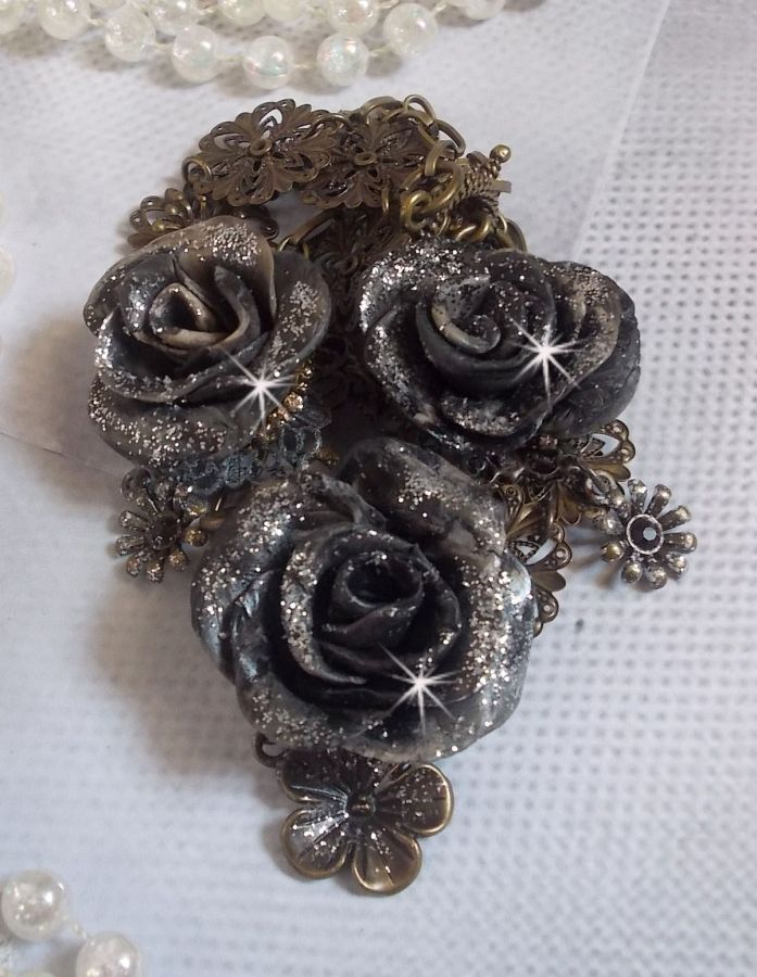 Steampunk Queen necklace created with black and brown porcelain roses, crystal cabochons and bronze accessories