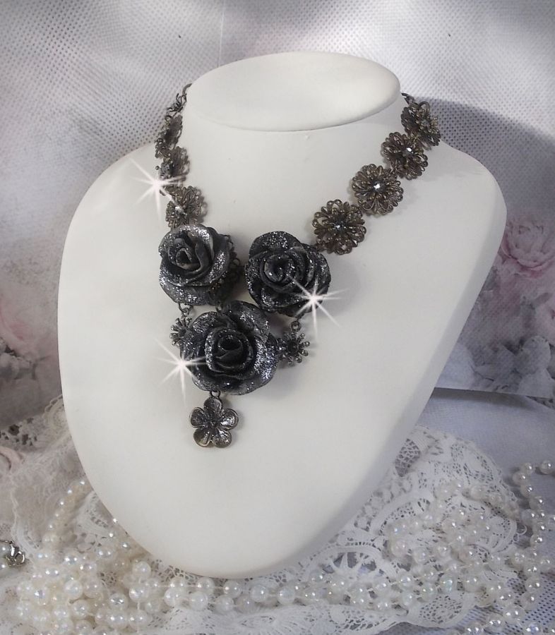 Steampunk Queen necklace created with black and brown porcelain roses, crystal cabochons and bronze accessories