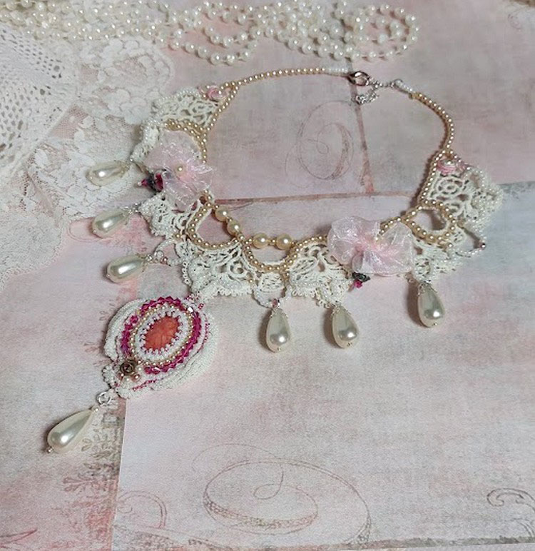 Victorian style embroidered Valmont necklace with Ivory lace, pearly beads and Swarovski crystals