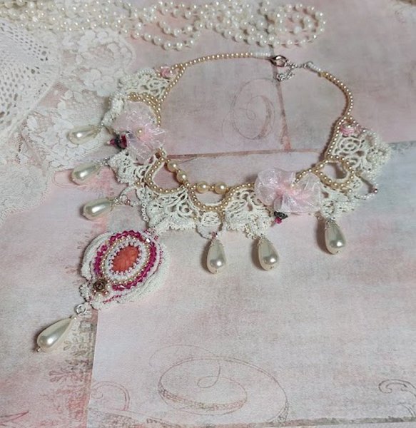 Victorian style embroidered Valmont necklace with Ivory lace, pearly beads and Swarovski crystals