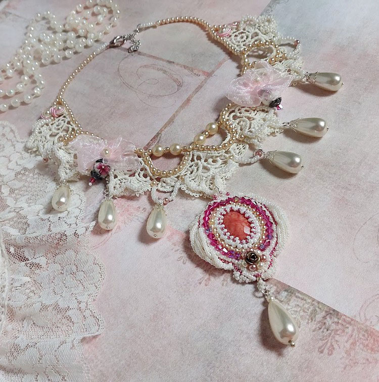 Victorian style embroidered Valmont necklace with Ivory lace, pearly beads and Swarovski crystals