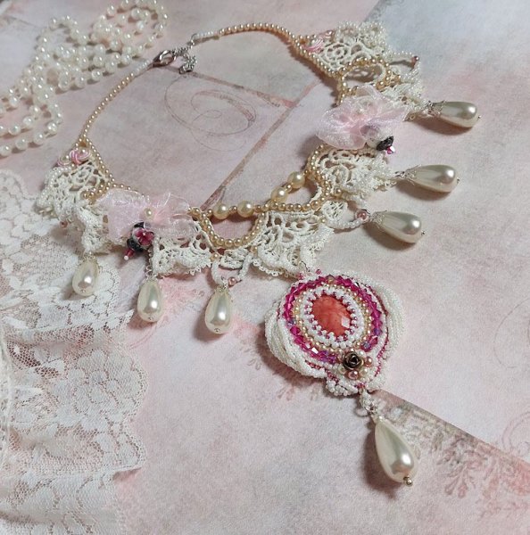 Victorian style embroidered Valmont necklace with Ivory lace, pearly beads and Swarovski crystals