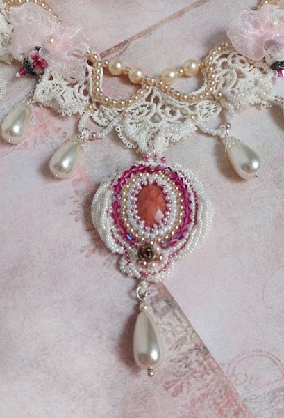 Victorian style embroidered Valmont necklace with Ivory lace, pearly beads and Swarovski crystals