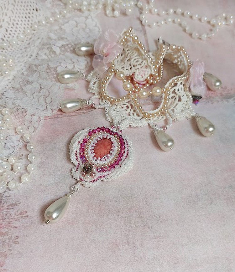 Victorian style embroidered Valmont necklace with Ivory lace, pearly beads and Swarovski crystals
