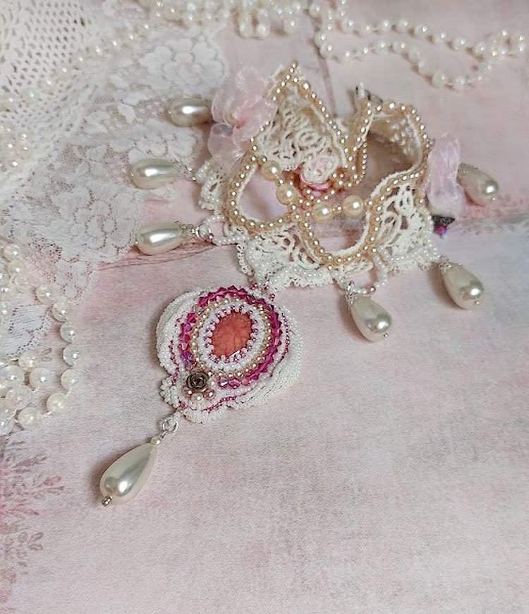 Victorian style embroidered Valmont necklace with Ivory lace, pearly beads and Swarovski crystals