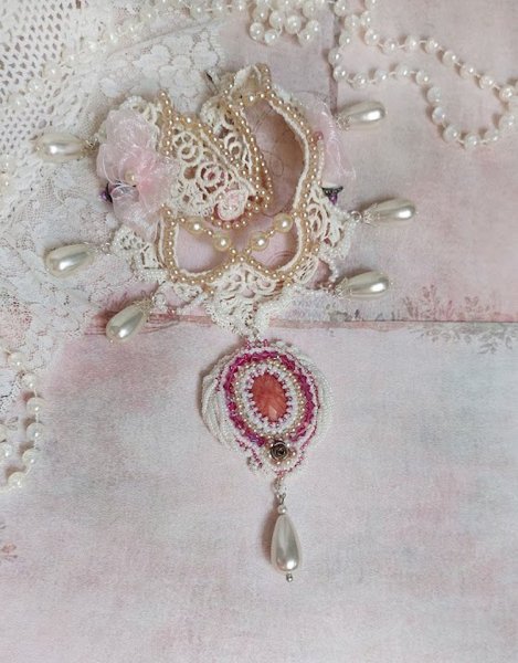 Victorian style embroidered Valmont necklace with Ivory lace, pearly beads and Swarovski crystals
