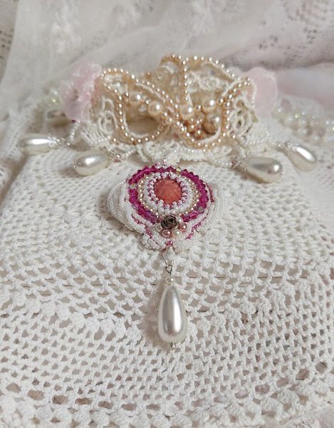Victorian style embroidered Valmont necklace with Ivory lace, pearly beads and Swarovski crystals