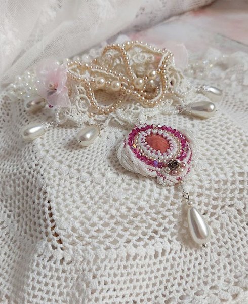 Victorian style embroidered Valmont necklace with Ivory lace, pearly beads and Swarovski crystals