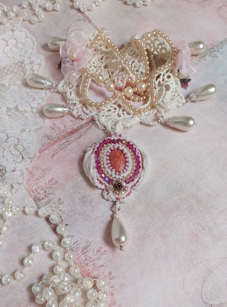 Victorian style embroidered Valmont necklace with Ivory lace, pearly beads and Swarovski crystals