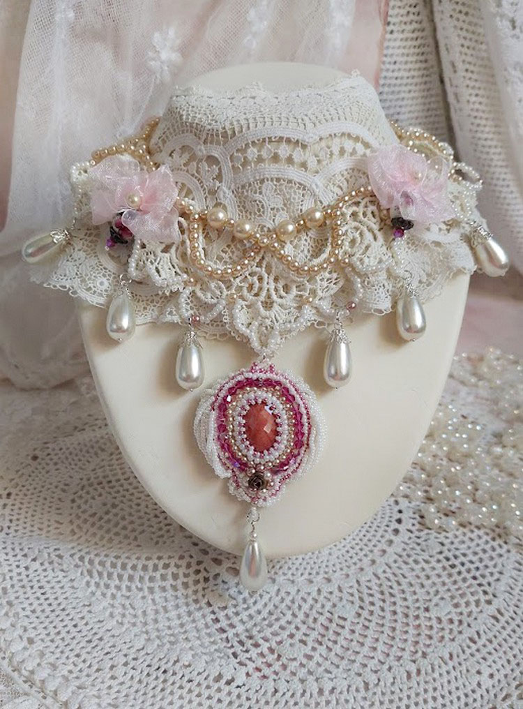 Victorian style embroidered Valmont necklace with Ivory lace, pearly beads and Swarovski crystals