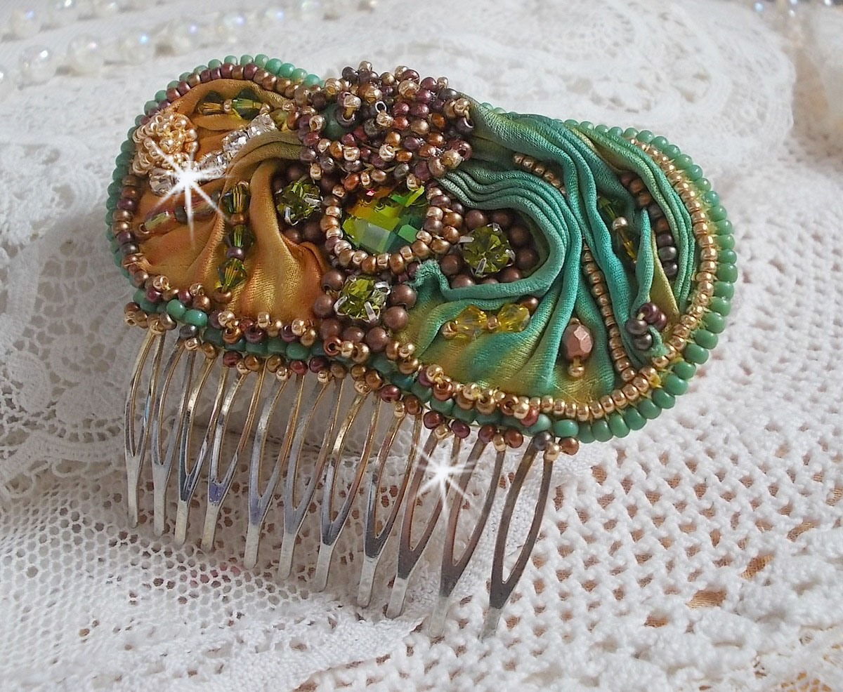 Venetian moon comb embroidered with silk ribbon, Swarovski crystals, magic beads and seed beads