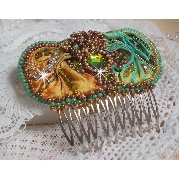 Venetian moon comb embroidered with silk ribbon, Swarovski crystals, magic beads and seed beads