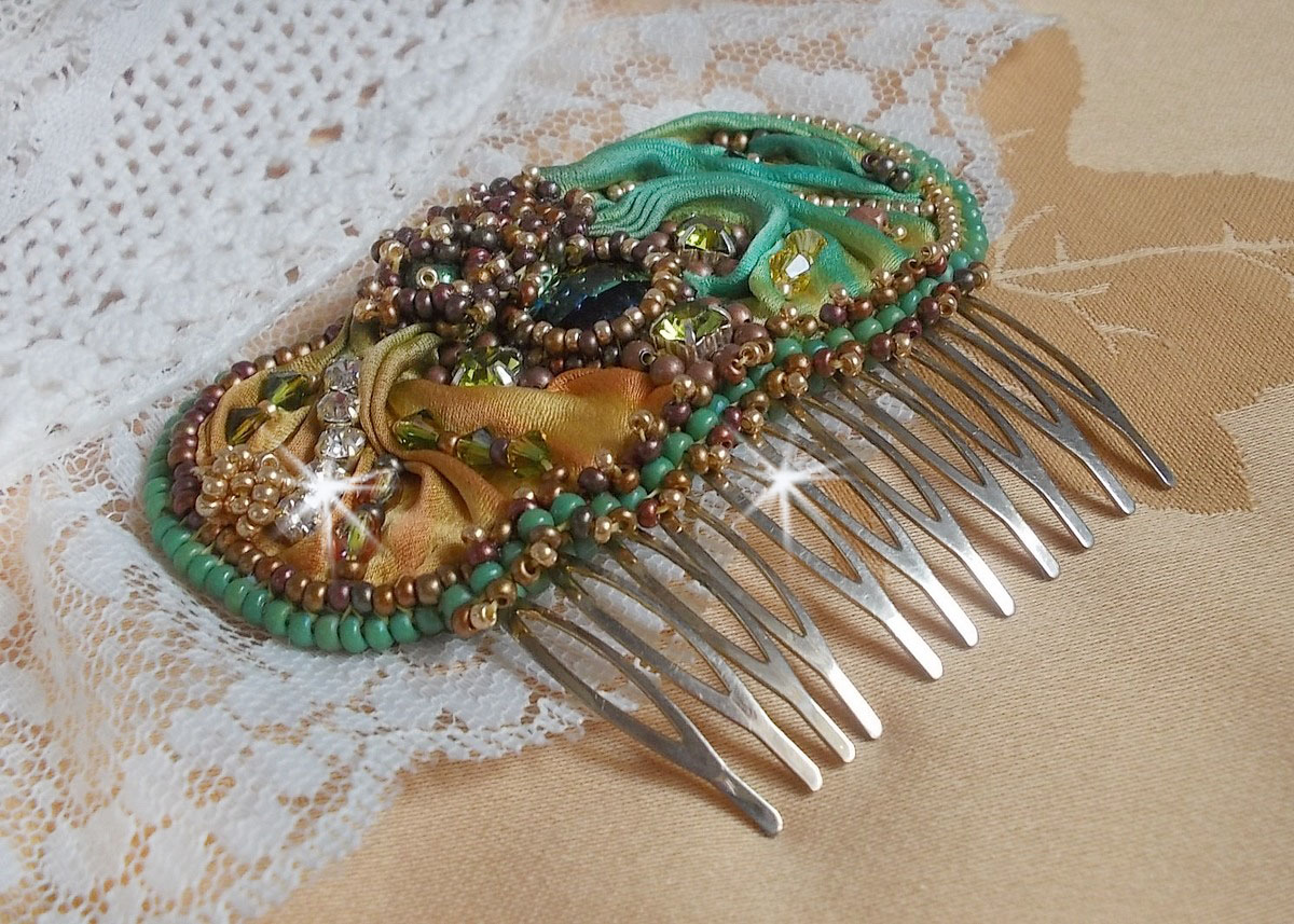 Venetian moon comb embroidered with silk ribbon, Swarovski crystals, magic beads and seed beads