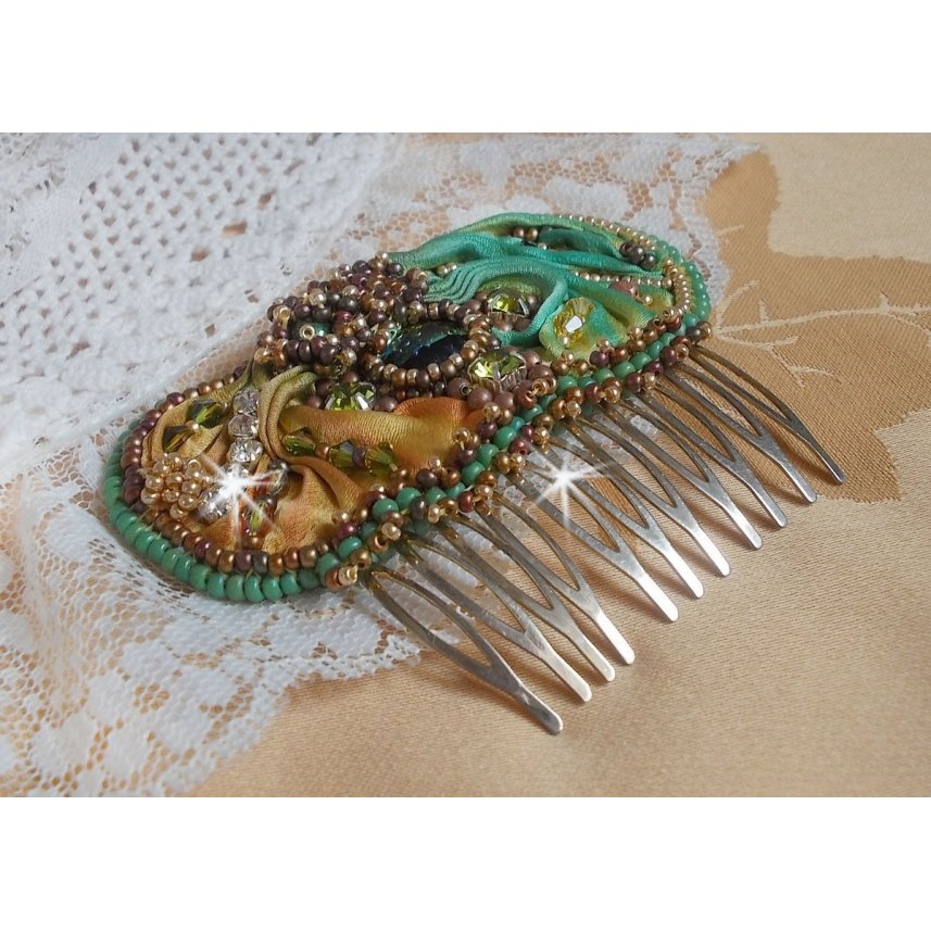 Venetian moon comb embroidered with silk ribbon, Swarovski crystals, magic beads and seed beads