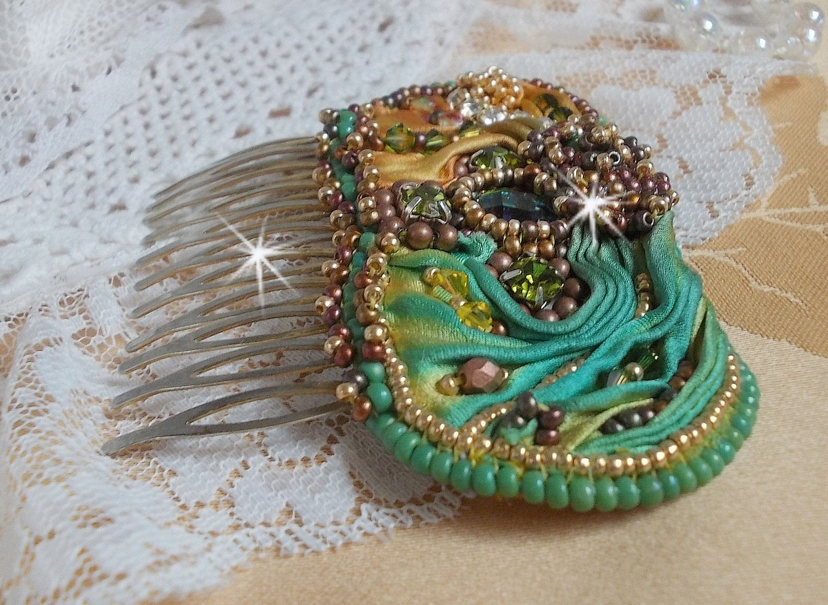 Venetian moon comb embroidered with silk ribbon, Swarovski crystals, magic beads and seed beads