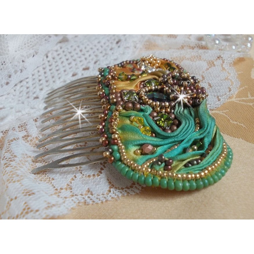 Venetian moon comb embroidered with silk ribbon, Swarovski crystals, magic beads and seed beads