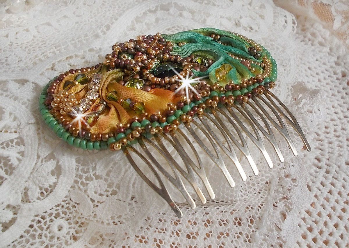 Venetian moon comb embroidered with silk ribbon, Swarovski crystals, magic beads and seed beads