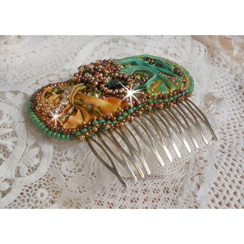 Venetian moon comb embroidered with silk ribbon, Swarovski crystals, magic beads and seed beads