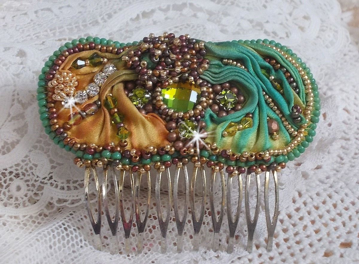 Venetian moon comb embroidered with silk ribbon, Swarovski crystals, magic beads and seed beads