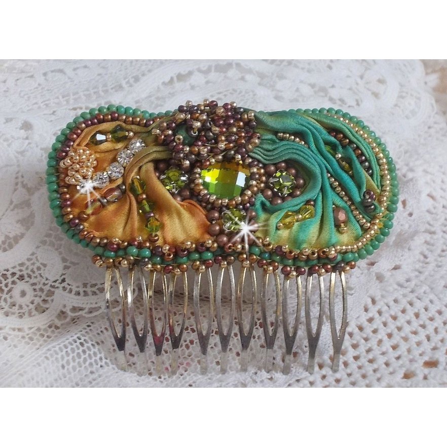 Venetian moon comb embroidered with silk ribbon, Swarovski crystals, magic beads and seed beads