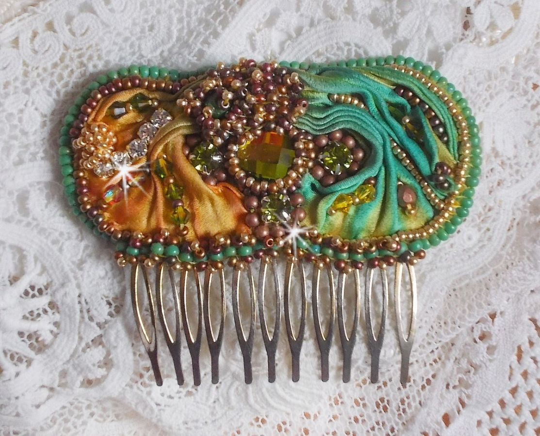 Venetian moon comb embroidered with silk ribbon, Swarovski crystals, magic beads and seed beads