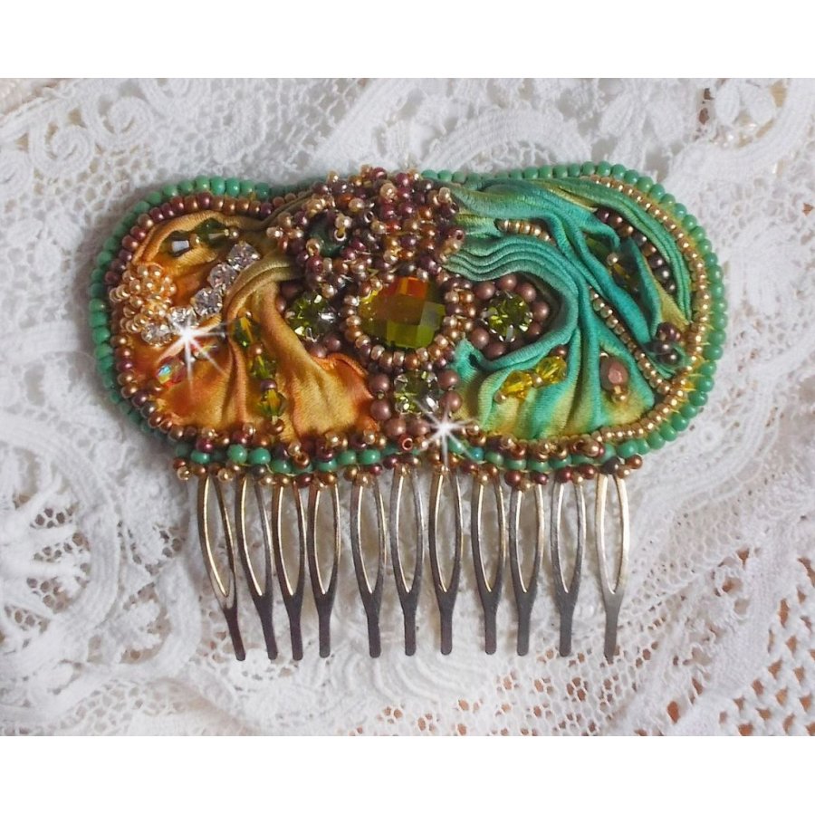 Venetian moon comb embroidered with silk ribbon, Swarovski crystals, magic beads and seed beads