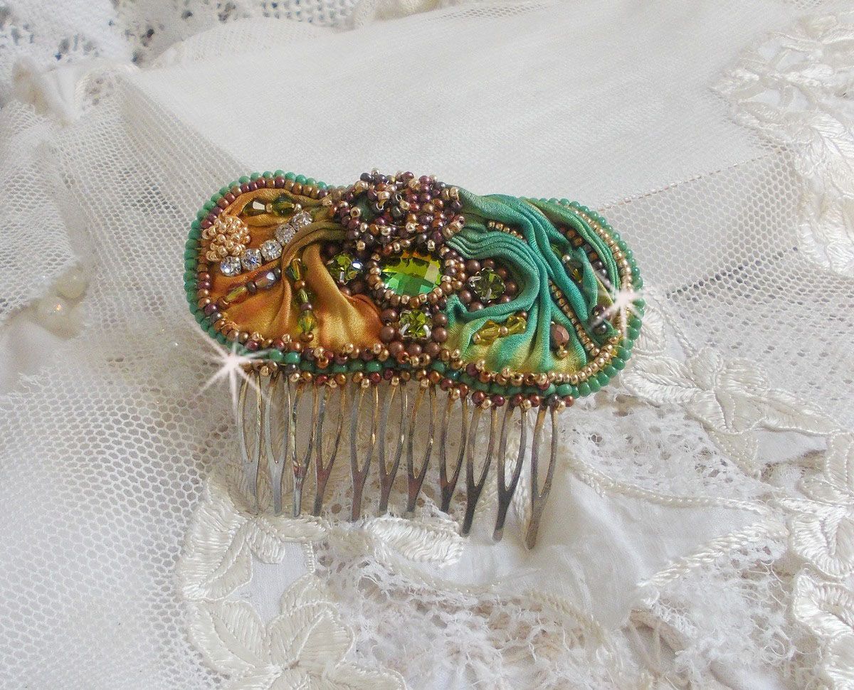 Venetian moon comb embroidered with silk ribbon, Swarovski crystals, magic beads and seed beads