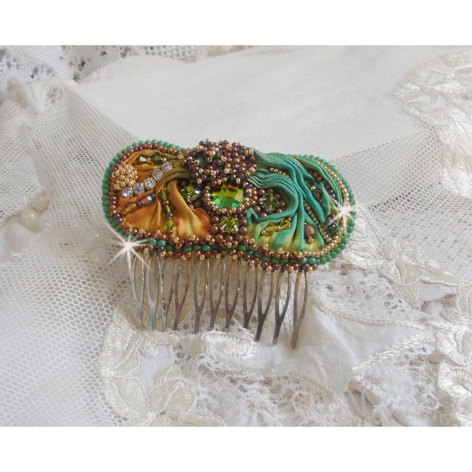 Venetian moon comb embroidered with silk ribbon, Swarovski crystals, magic beads and seed beads