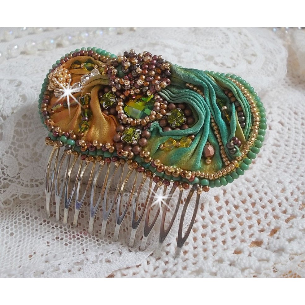 Venetian moon comb embroidered with silk ribbon, Swarovski crystals, magic beads and seed beads