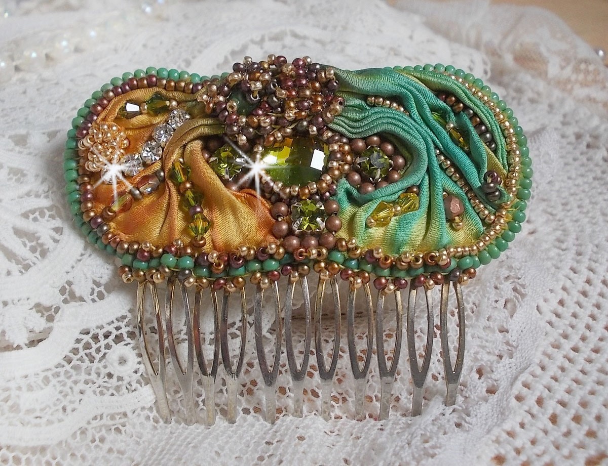 Venetian moon comb embroidered with silk ribbon, Swarovski crystals, magic beads and seed beads