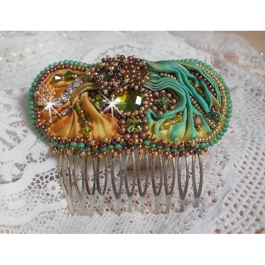 Venetian moon comb embroidered with silk ribbon, Swarovski crystals, magic beads and seed beads