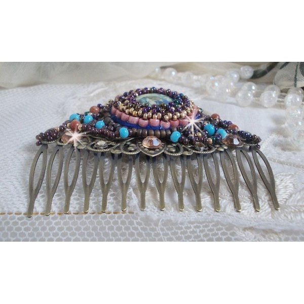 Bonjour Paris Hair Comb embroidered with a resin cabochon, gemstones (Gold Stone or Sun Stone), round beads and seed beads