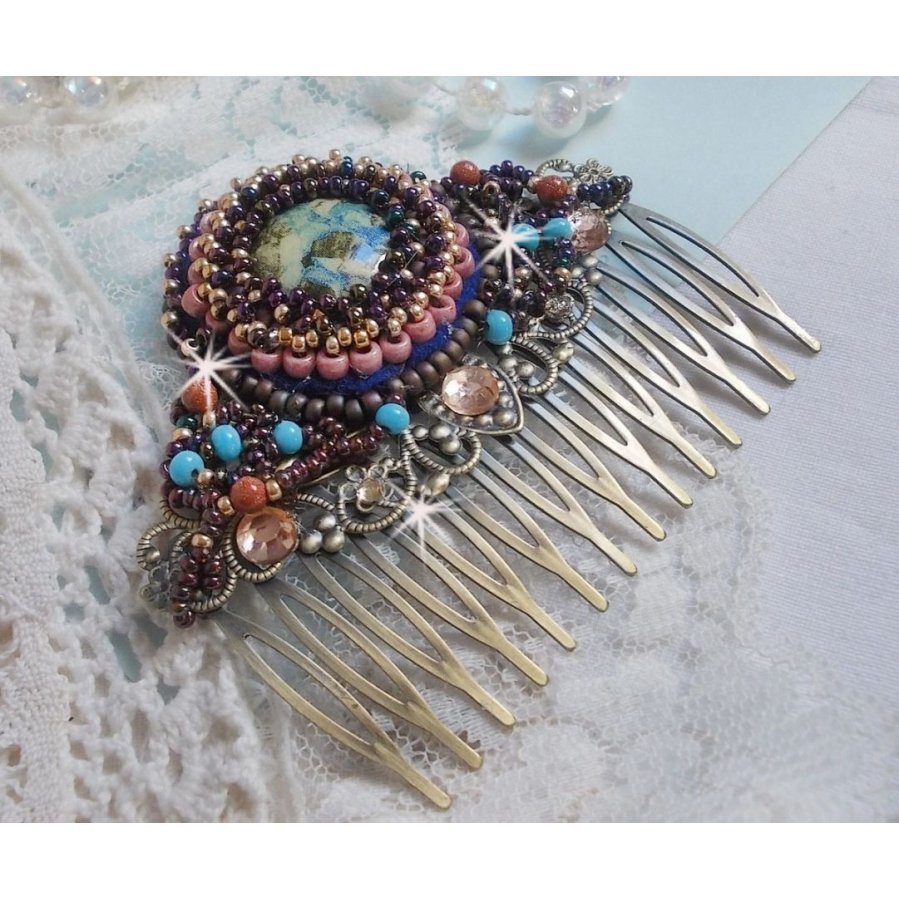 Bonjour Paris Hair Comb embroidered with a resin cabochon, gemstones (Gold Stone or Sun Stone), round beads and seed beads