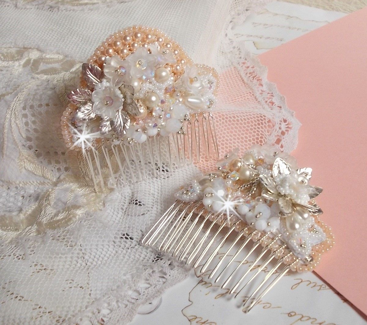 Bouquet d'un Jour hair comb (set of 2) embroidered with crystals, white Lucite flowers, silver leaf charms, various beads and seed beads