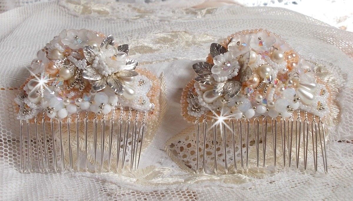 Bouquet d'un Jour hair comb (set of 2) embroidered with crystals, white Lucite flowers, silver leaf charms, various beads and seed beads