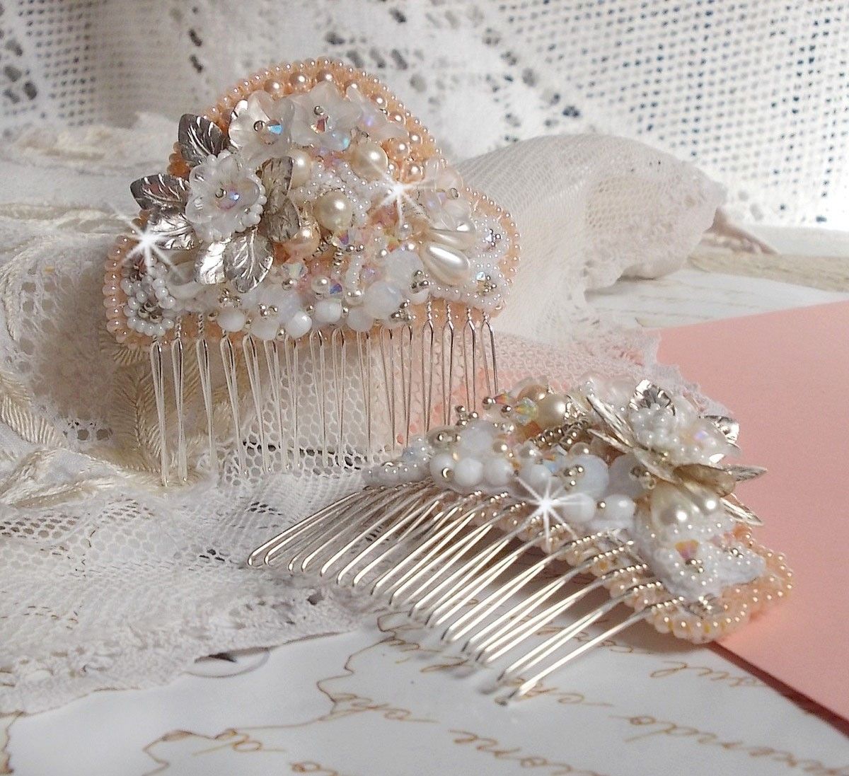 Bouquet d'un Jour hair comb (set of 2) embroidered with crystals, white Lucite flowers, silver leaf charms, various beads and seed beads