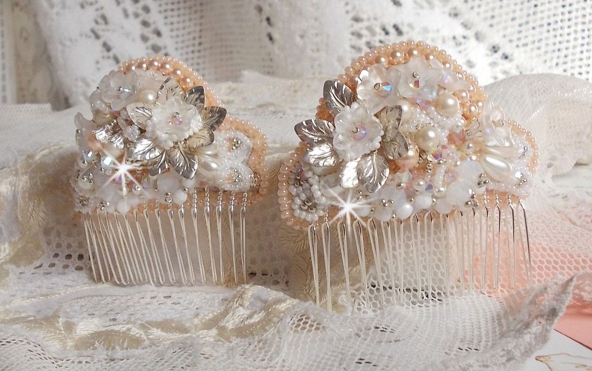 Bouquet d'un Jour hair comb (set of 2) embroidered with crystals, white Lucite flowers, silver leaf charms, various beads and seed beads