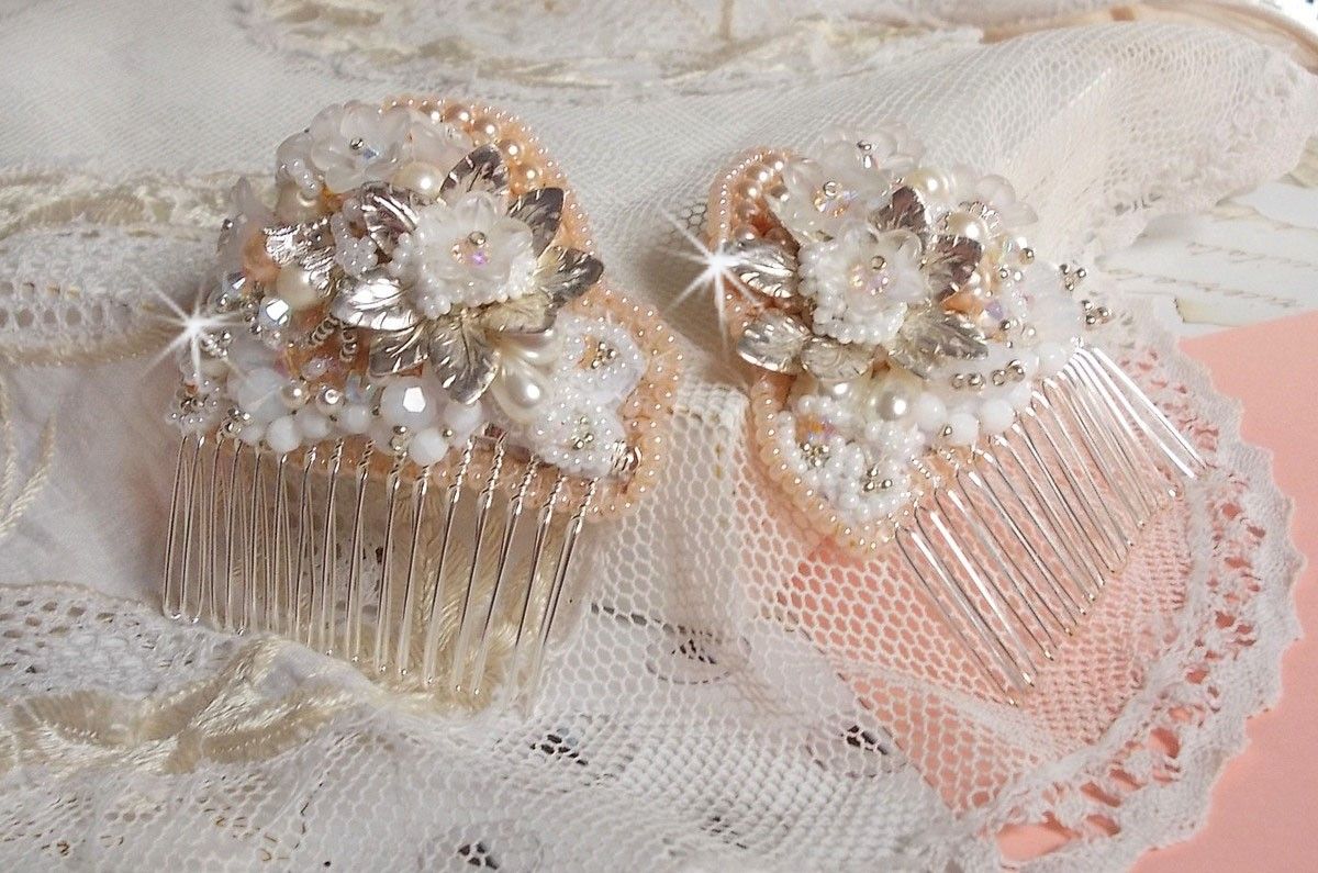 Bouquet d'un Jour hair comb (set of 2) embroidered with crystals, white Lucite flowers, silver leaf charms, various beads and seed beads