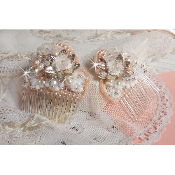 Bouquet d'un Jour hair comb (set of 2) embroidered with crystals, white Lucite flowers, silver leaf charms, various beads and seed beads