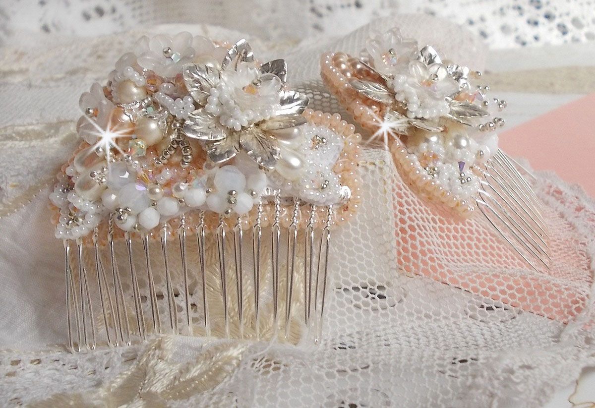 Bouquet d'un Jour hair comb (set of 2) embroidered with crystals, white Lucite flowers, silver leaf charms, various beads and seed beads