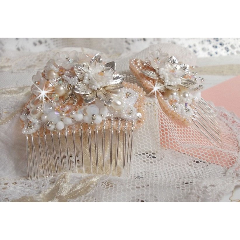 Bouquet d'un Jour hair comb (set of 2) embroidered with crystals, white Lucite flowers, silver leaf charms, various beads and seed beads